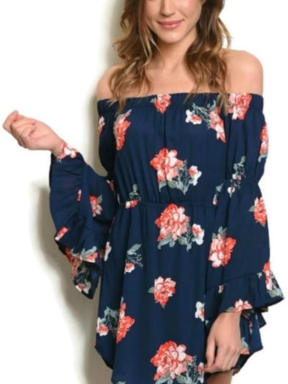 love J Navy Floral Off-Shoulder Dress with Red Rose Print